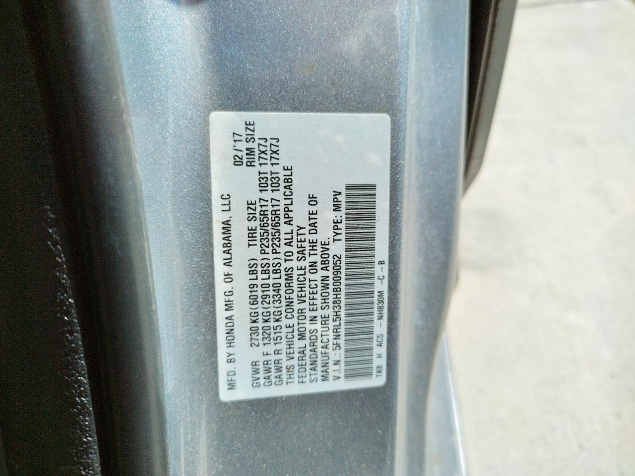 Photo 10 from auction – 2017 HONDA ODYSSEY SE with VIN 5FNRL5H38HB009052