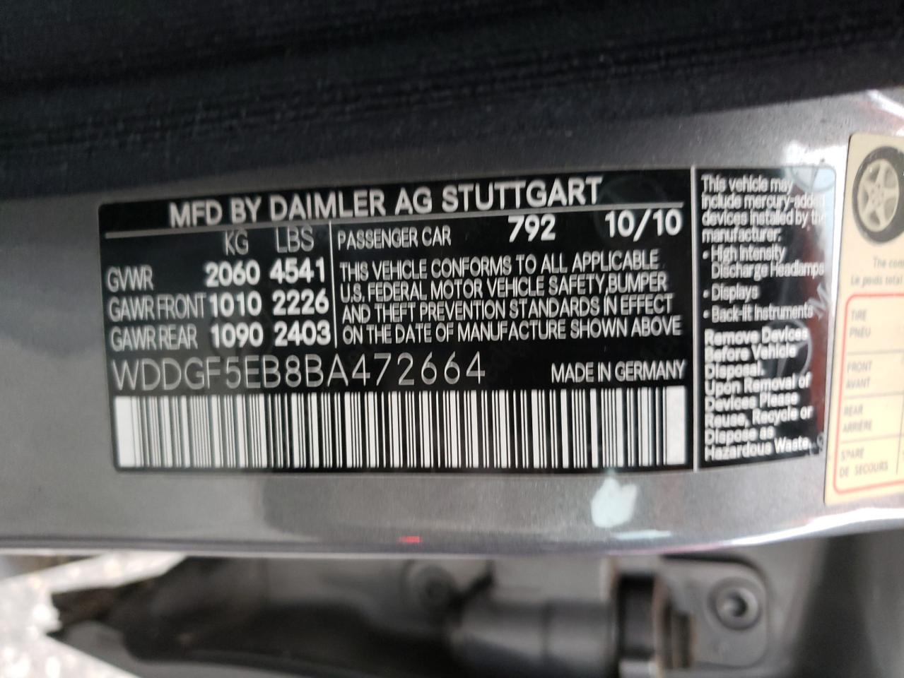 Photo 10 from auction – 2011 MERCEDES-BENZ C 300 with VIN WDDGF5EB8BA472664