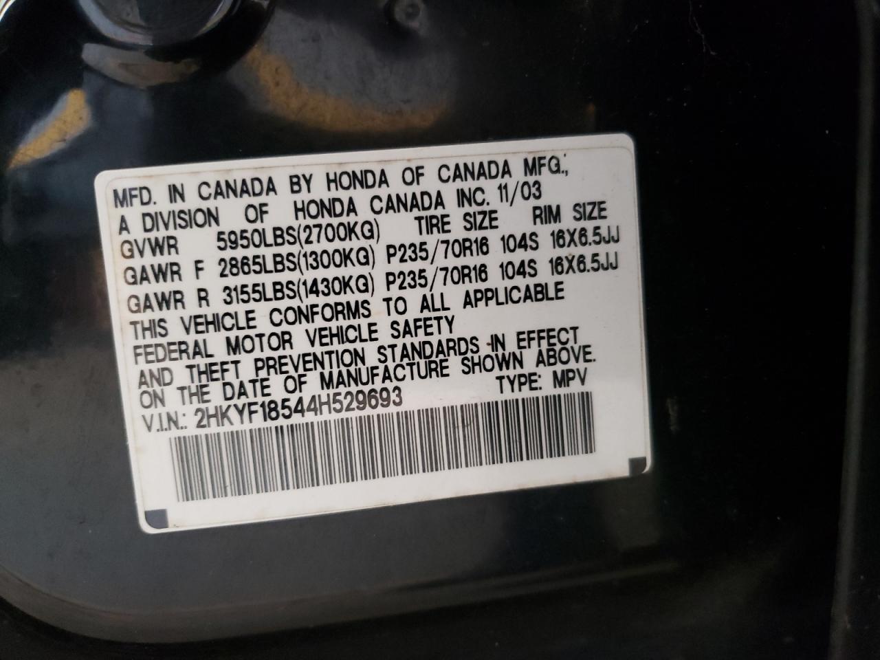 Photo 10 from auction – 2004 HONDA PILOT EXL with VIN 2HKYF18544H529693