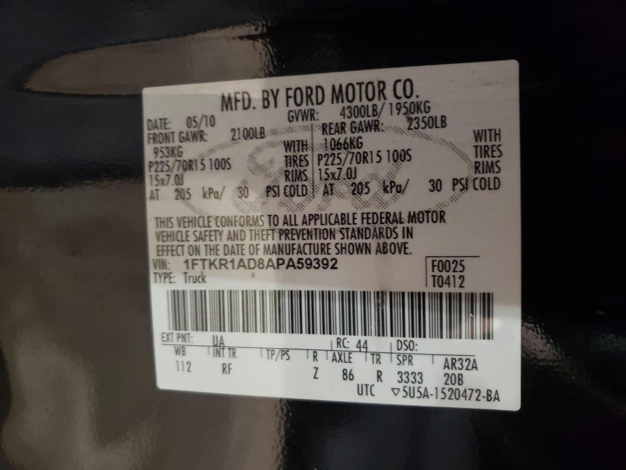 Photo 10 from auction – 2010 FORD RANGER with VIN 1FTKR1AD8APA59392