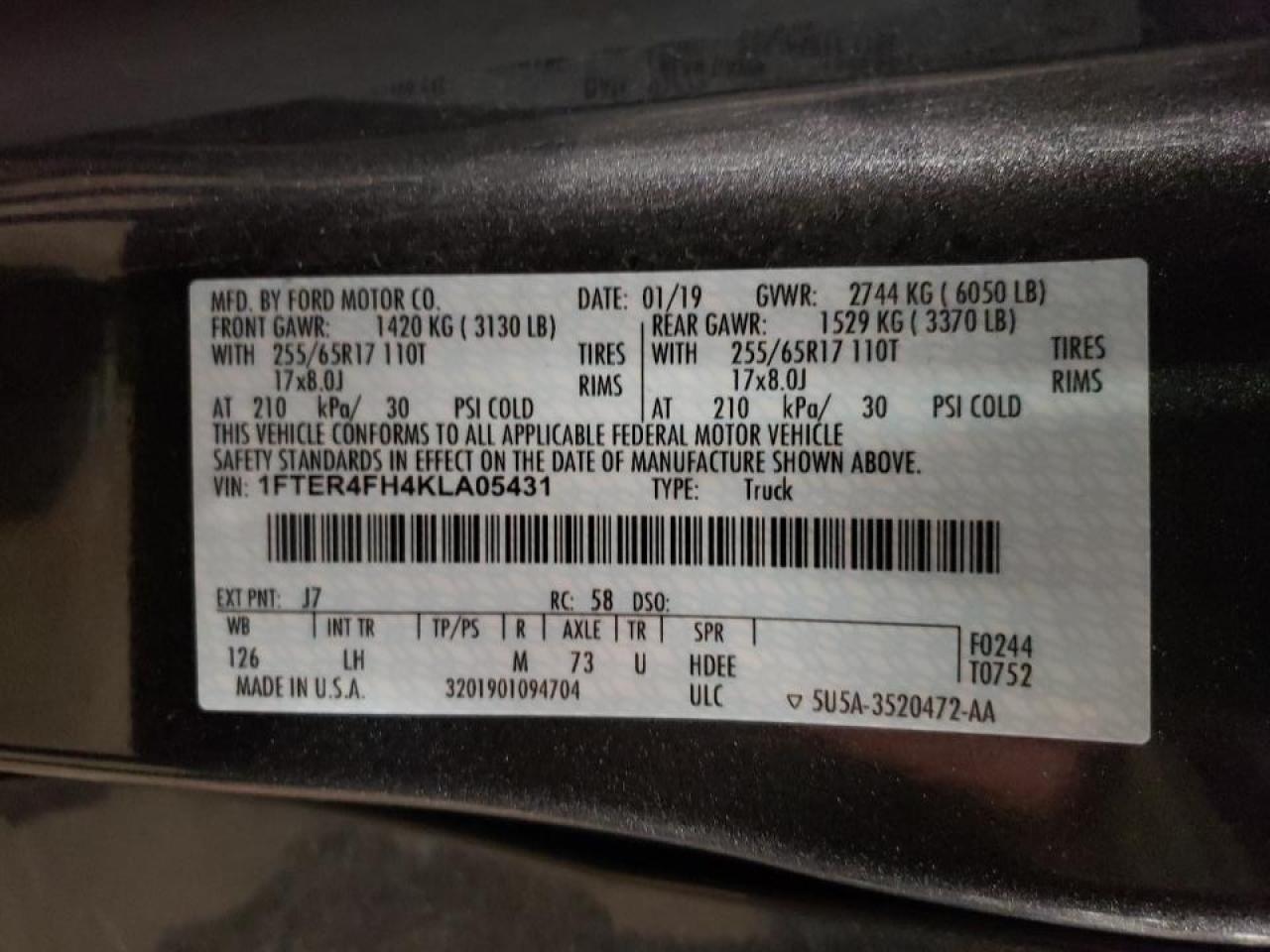 Photo 10 from auction – 2019 FORD RANGER XLT with VIN 1FTER4FH4KLA05431