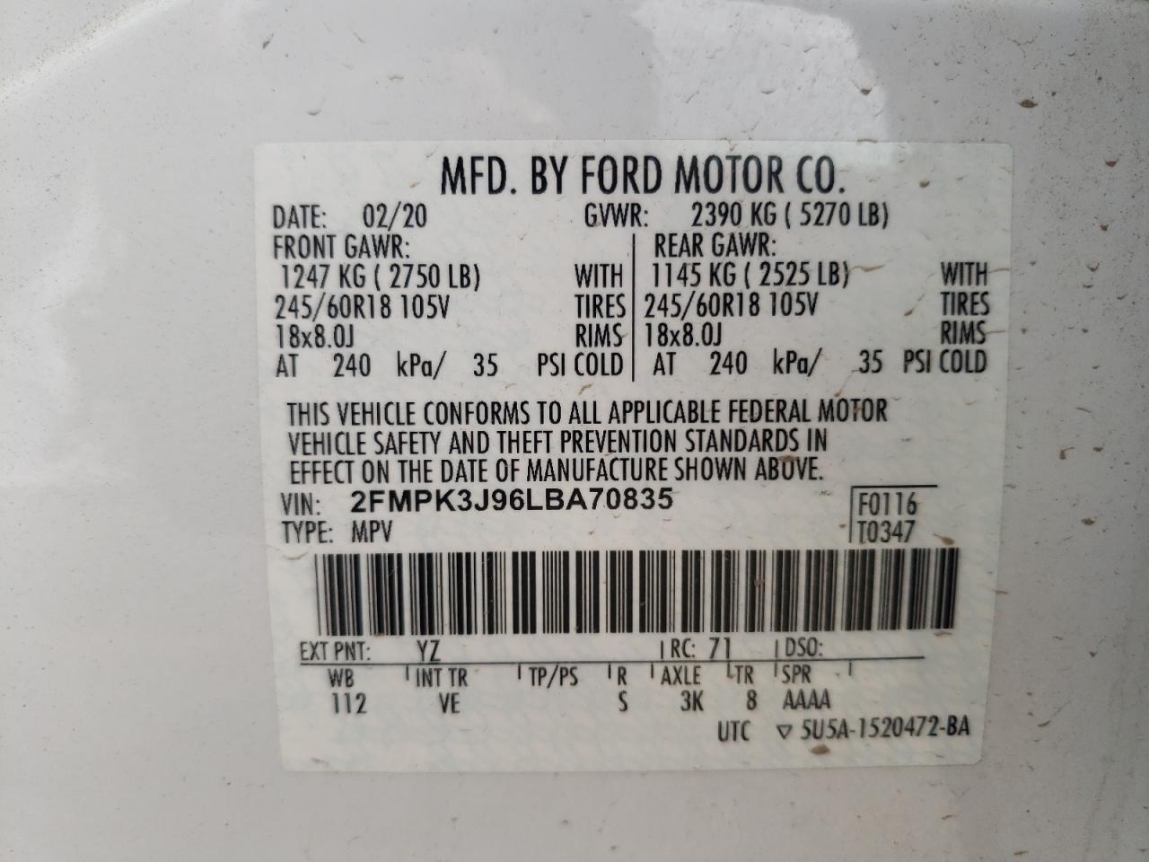 Photo 10 from auction – 2020 FORD EDGE SEL with VIN 2FMPK3J96LBA70835