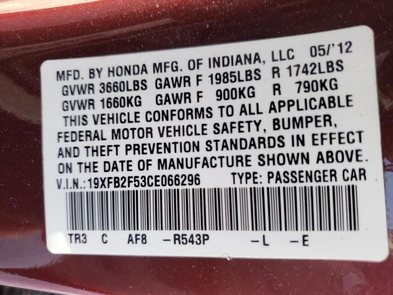 Photo 10 from auction – 2012 HONDA CIVIC with VIN 19XFB2F53CE066296