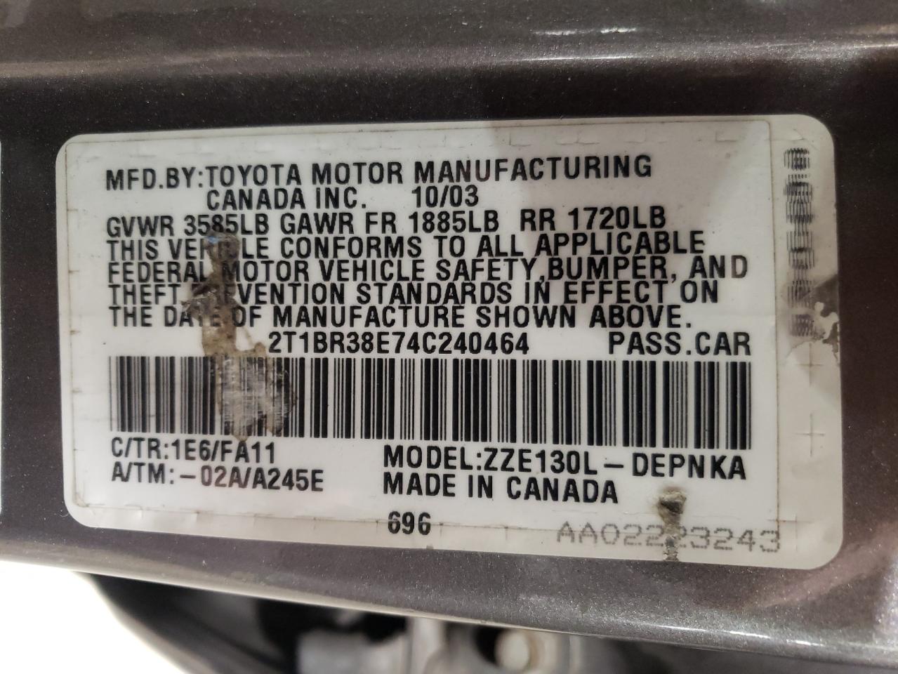 Photo 10 from auction – 2004 TOYOTA COROLLA CE with VIN 2T1BR38E74C240464