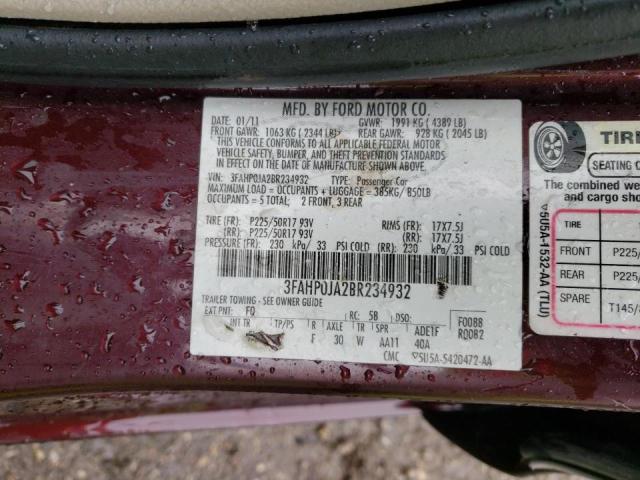 Photo 10 from auction – 2011 FORD FUSION SEL with VIN 3FAHP0JA2BR234932