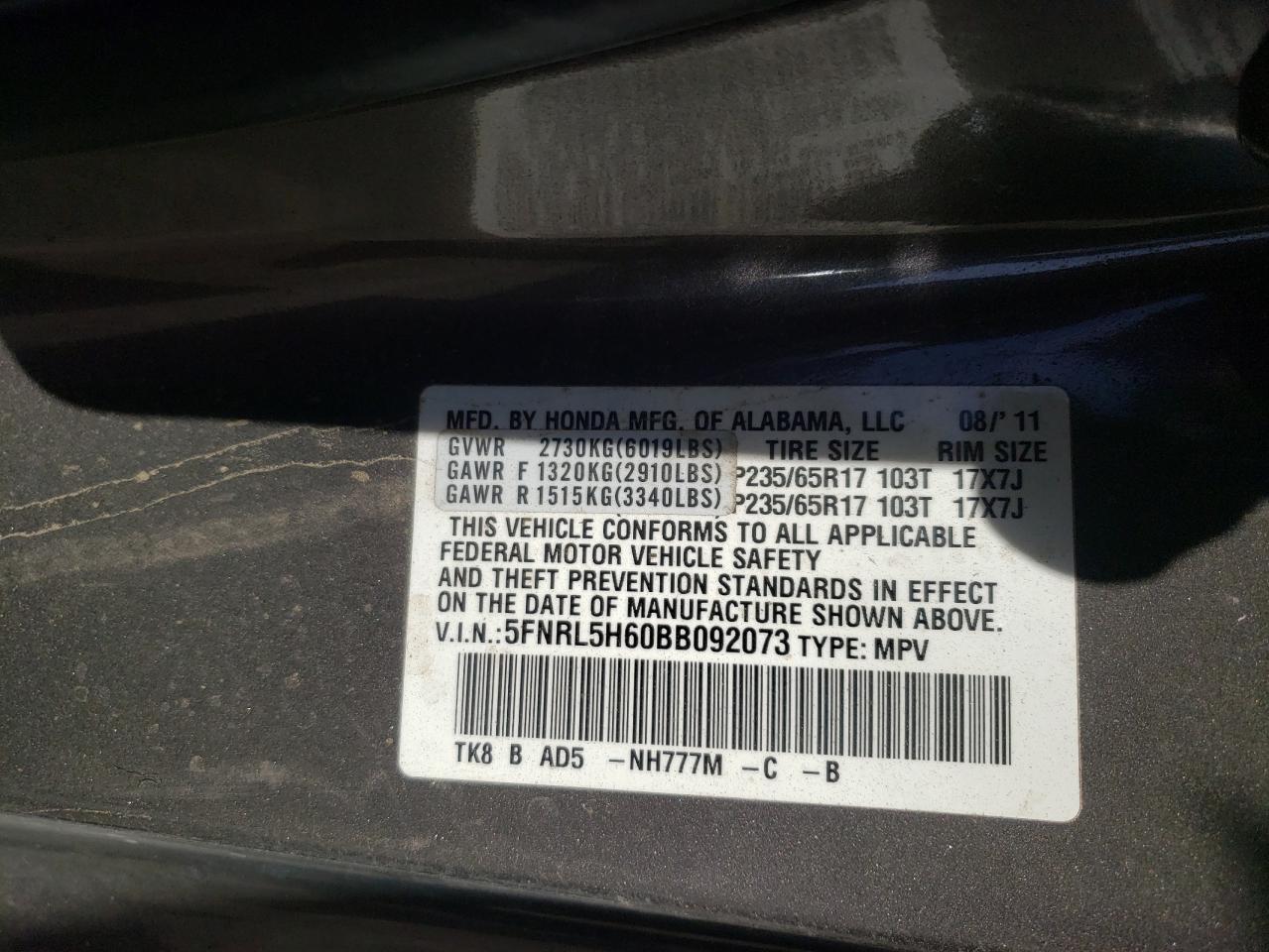 Photo 10 from auction – 2011 HONDA ODYSSEY EX with VIN 5FNRL5H60BB092073