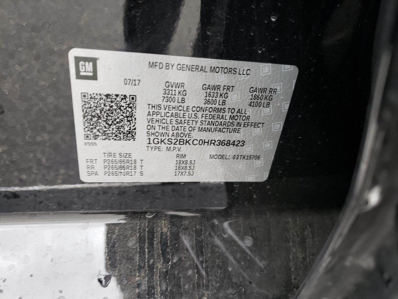 Photo 10 from auction – 2017 GMC YUKON SLT with VIN 1GKS2BKC0HR368423