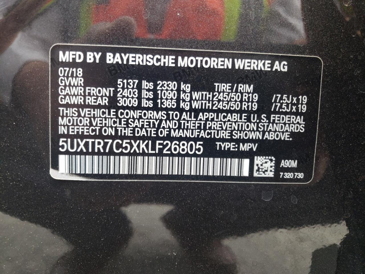 Photo 10 from auction – 2019 BMW X3 SDRIVE3 with VIN 5UXTR7C5XKLF26805