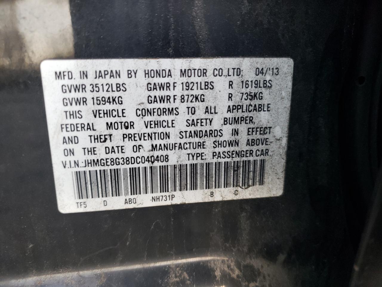 Photo 10 from auction – 2013 HONDA FIT with VIN JHMGE8G38DC040408