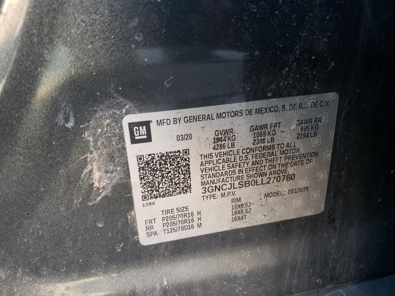 Photo 10 from auction – 2020 CHEVROLET TRAX 1LT with VIN 3GNCJLSB0LL270760