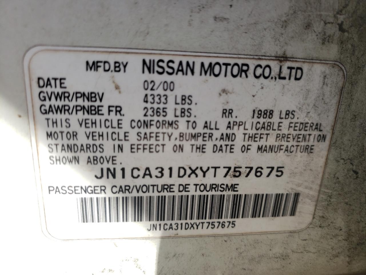 Photo 10 from auction – 2000 NISSAN MAXIMA GLE with VIN JN1CA31DXYT757675