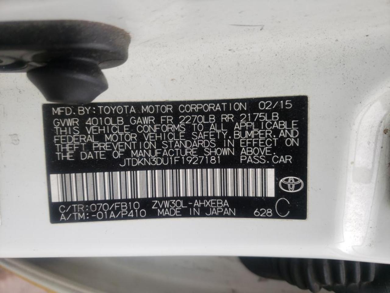 Photo 10 from auction – 2015 TOYOTA PRIUS with VIN JTDKN3DU1F1927181