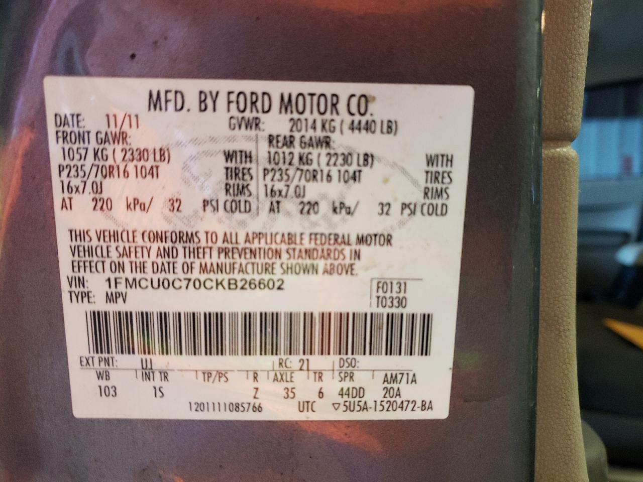 Photo 10 from auction – 2012 FORD ESCAPE XLS with VIN 1FMCU0C70CKB26602
