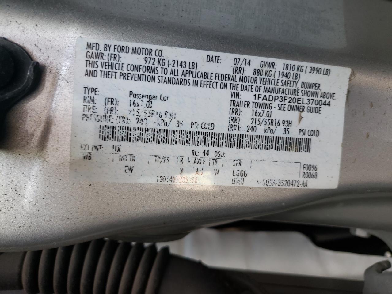 Photo 10 from auction – 2014 FORD FOCUS SE with VIN 1FADP3F20EL370044