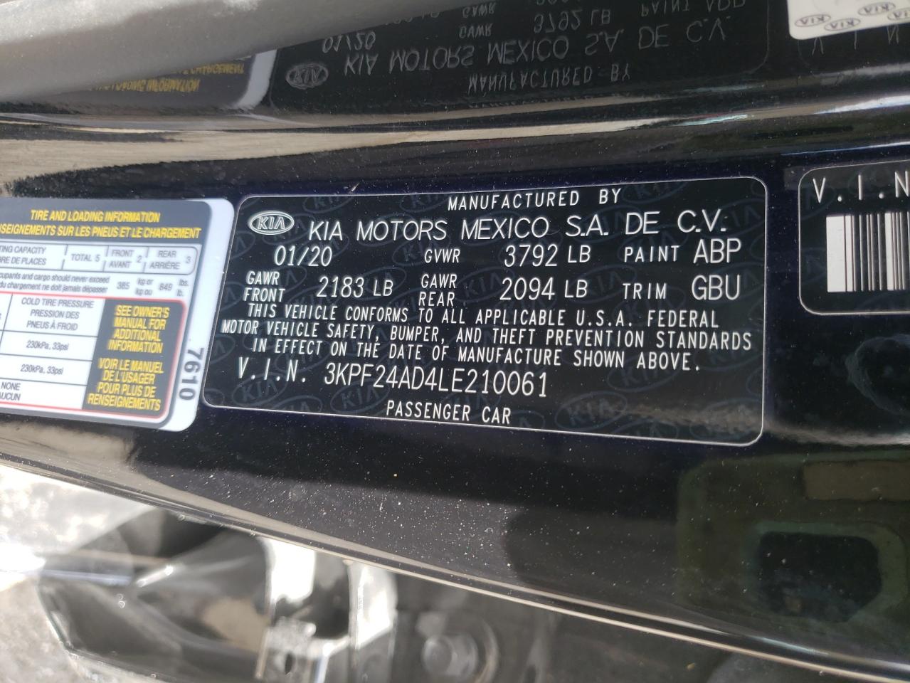 Photo 10 from auction – 2020 KIA FORTE FE with VIN 3KPF24AD4LE210061