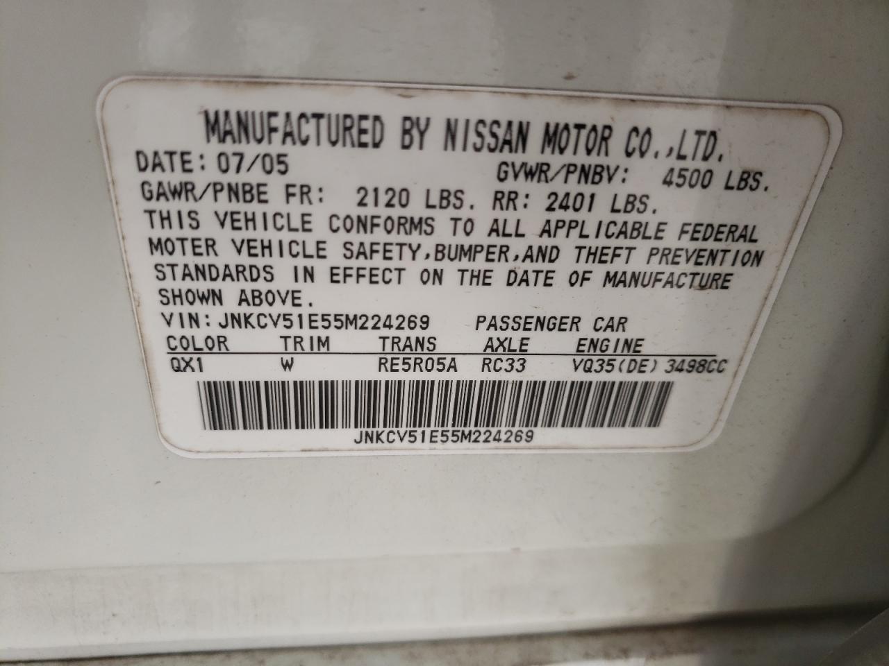 Photo 10 from auction – 2005 INFINITI G35 with VIN JNKCV51E55M224269