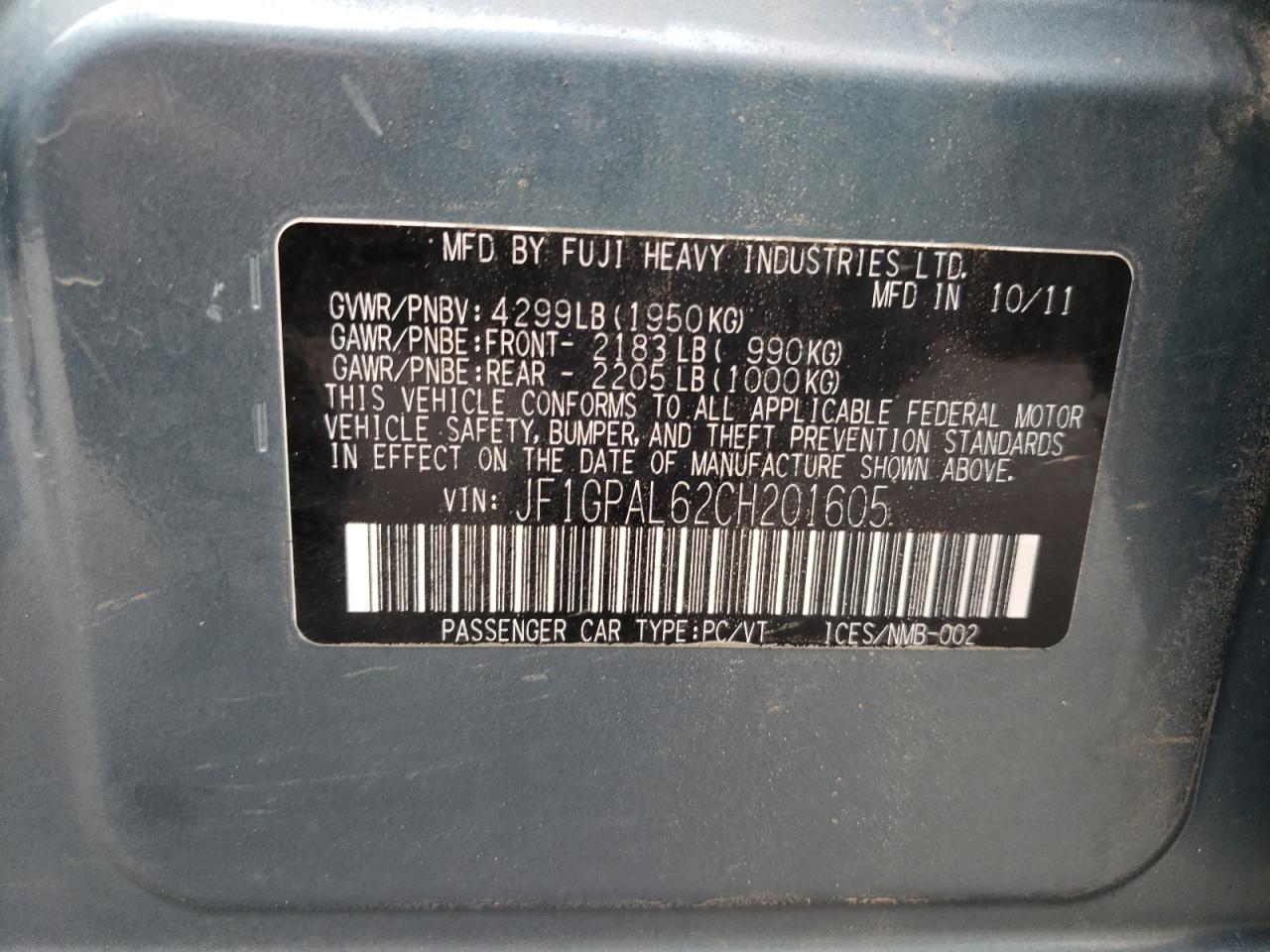 Photo 10 from auction – 2012 SUBARU IMPREZA SP with VIN JF1GPAL62CH201605