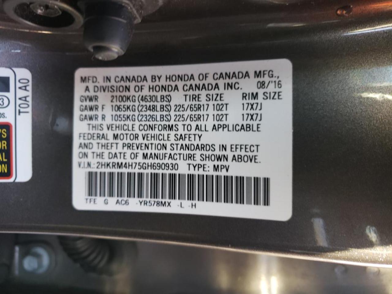 Photo 10 from auction – 2016 HONDA CR-V with VIN 2HKRM4H75GH690930