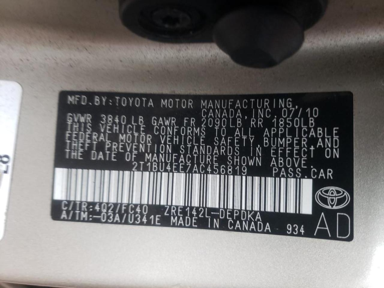 Photo 10 from auction – 2010 TOYOTA CAROLLA with VIN 2T1BU4EE7AC456819