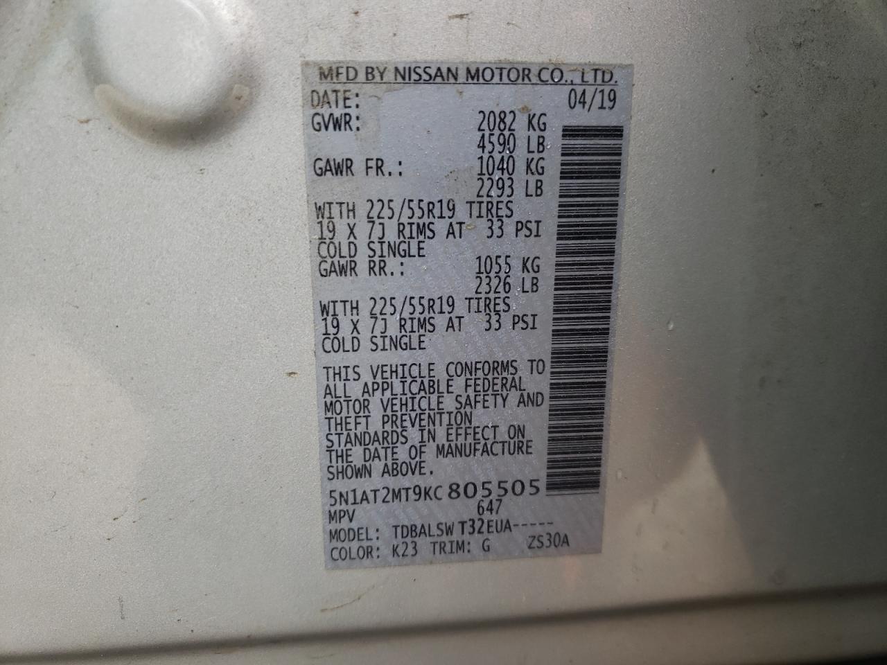 Photo 10 from auction – 2019 NISSAN ROGUE S with VIN 5N1AT2MT9KC805505
