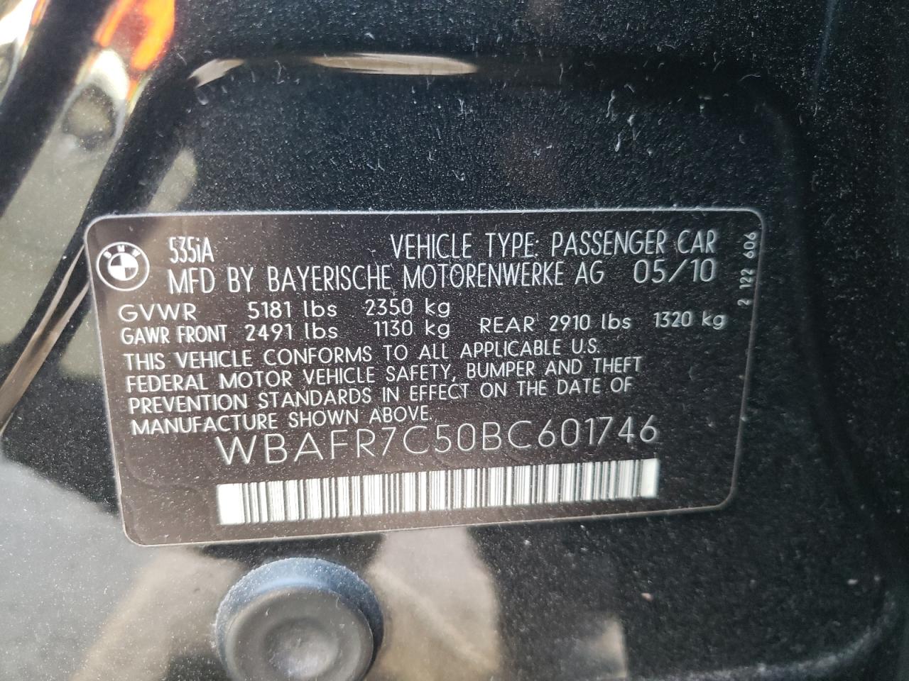 Photo 10 from auction – 2011 BMW 535 I with VIN WBAFR7C50BC601746