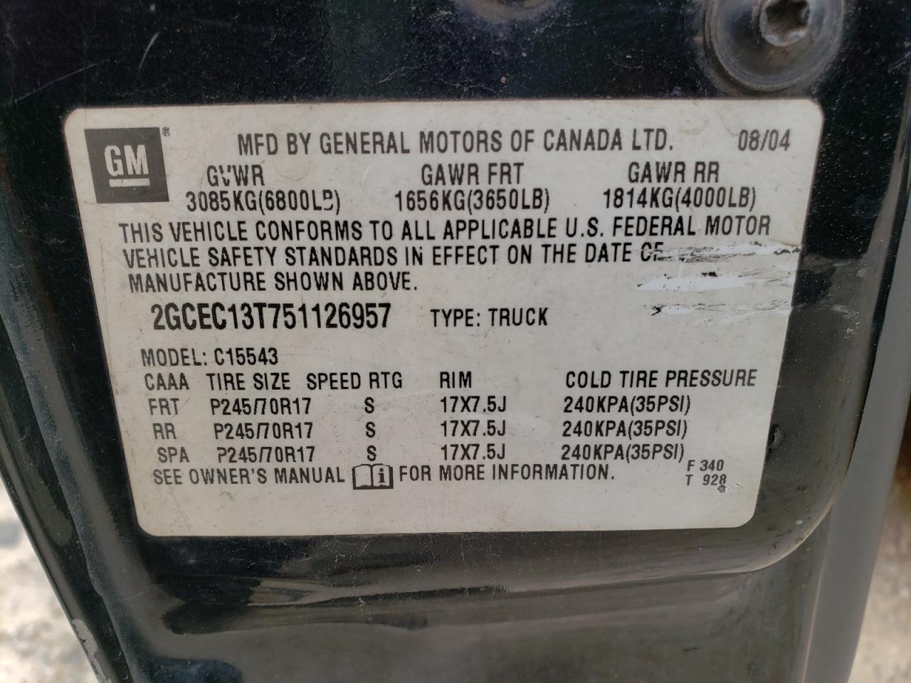 Photo 10 from auction – 2005 CHEVROLET SILVERADO with VIN 2GCEC13T751126957