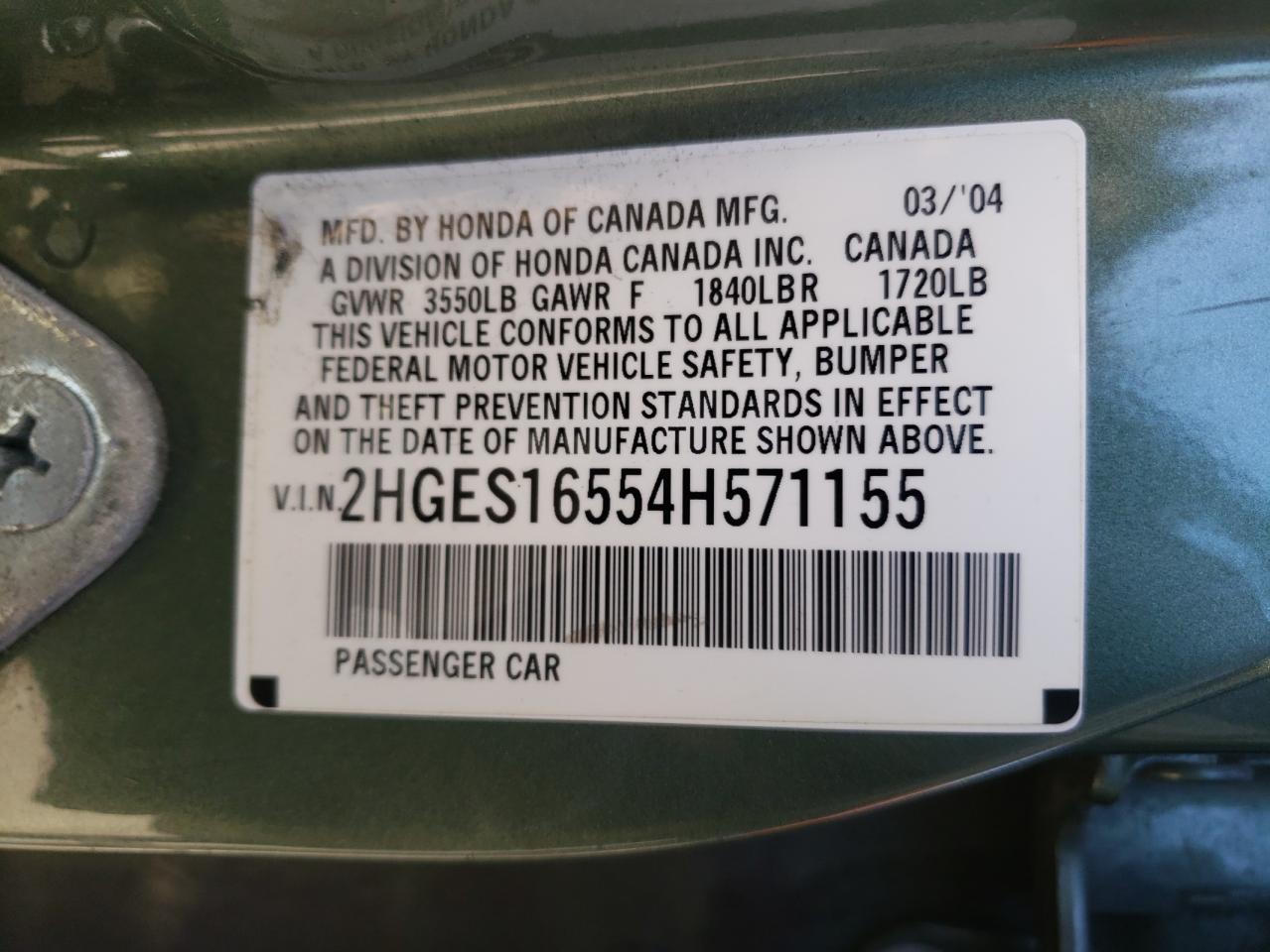 Photo 10 from auction – 2004 HONDA CIVIC LX with VIN 2HGES16554H571155