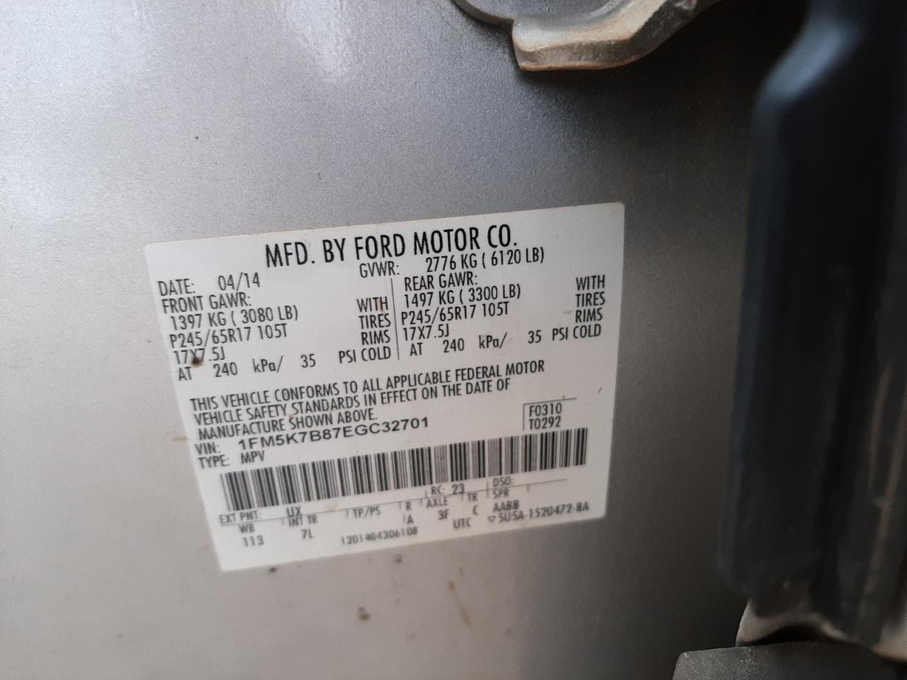 Photo 10 from auction – 2014 FORD EXPLORER with VIN 1FM5K7B87EGC32701