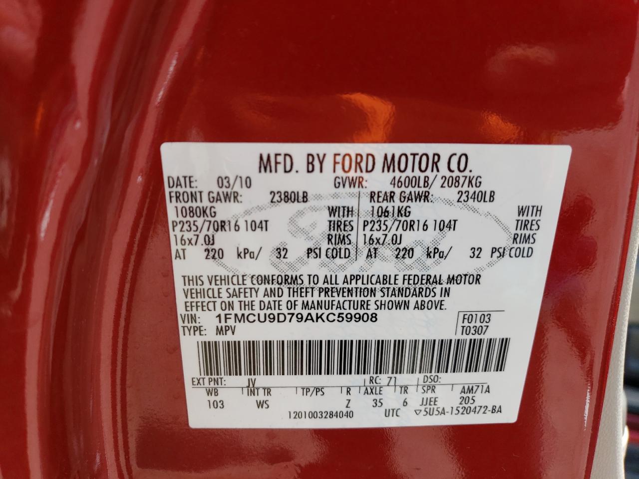 Photo 10 from auction – 2010 FORD ESCAPE XLT with VIN 1FMCU9D79AKC59908