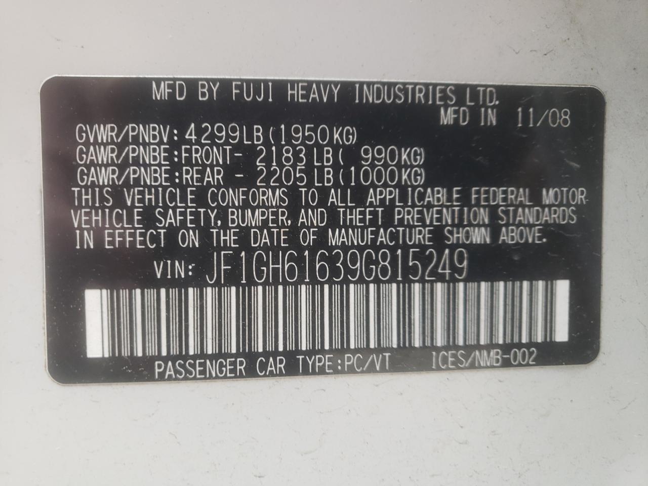 Zdjęcie 10 z aukcji – 2009 SUBARU IMPREZA 2. z VIN JF1GH61639G815249