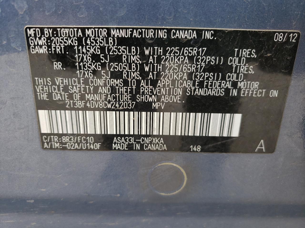 Photo 10 from auction – 2012 TOYOTA RAV4 with VIN 2T3BF4DV8CW242037