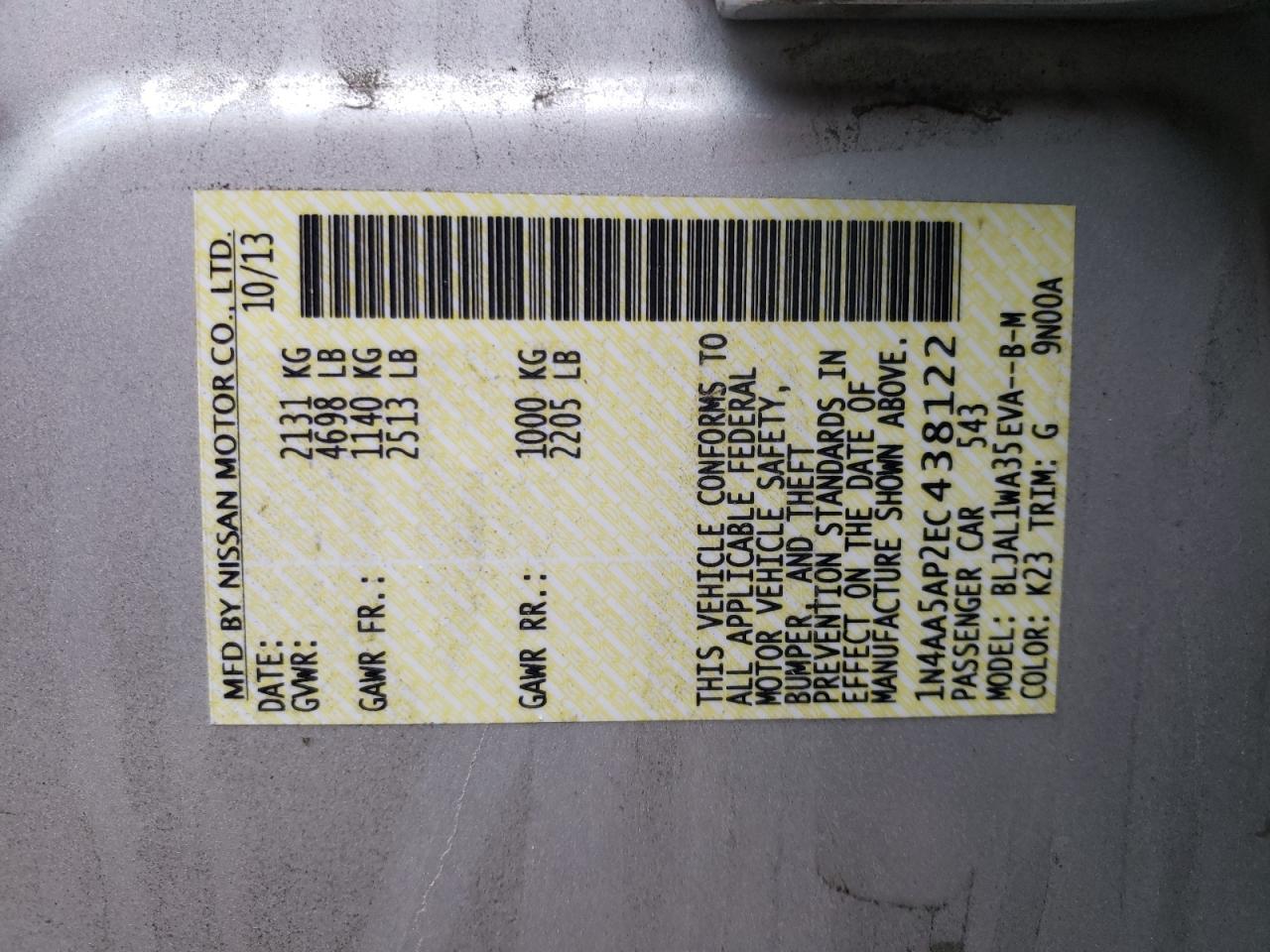 Photo 10 from auction – 2014 NISSAN MAXIMA S with VIN 1N4AA5AP2EC438122