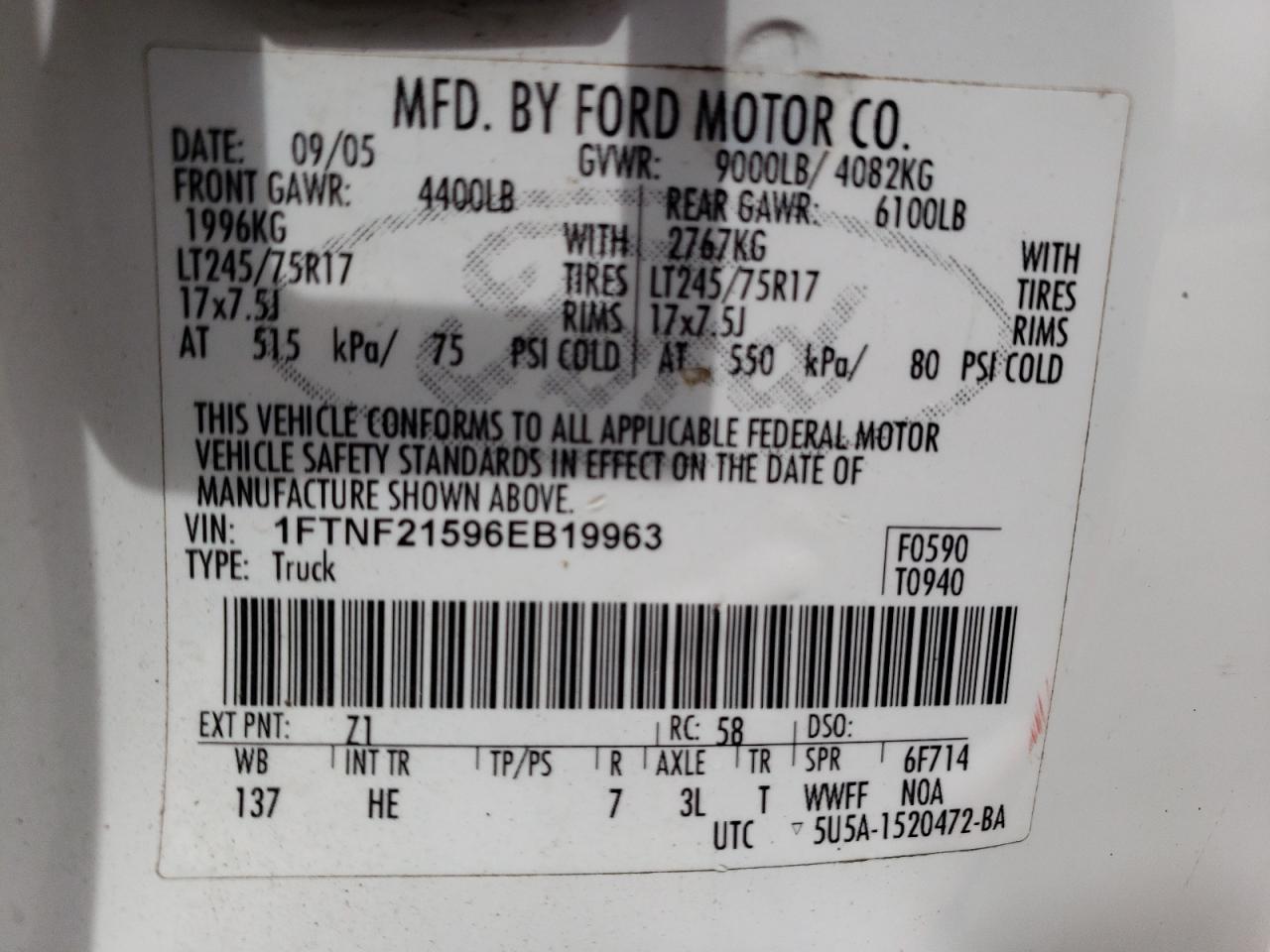 Photo 10 from auction – 2006 FORD F250 SUPER with VIN 1FTNF21596EB19963