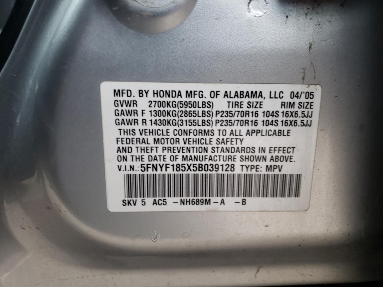 Photo 10 from auction – 2005 HONDA PILOT EXL with VIN 5FNYF185X5B039128