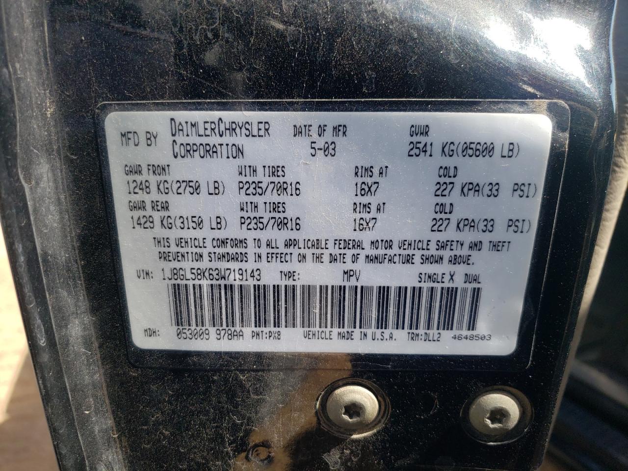 Photo 10 from auction – 2003 JEEP LIBERTY LI with VIN 1J8GL58K63W719143
