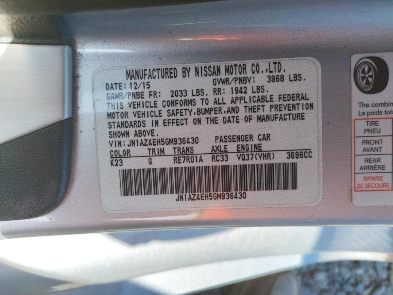 Photo 10 from auction – 2016 NISSAN 370Z BASE with VIN JN1AZ4EH5GM936430