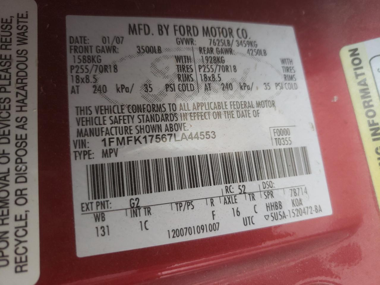 Photo 10 from auction – 2007 FORD EXPEDITION with VIN 1FMFK17567LA44553