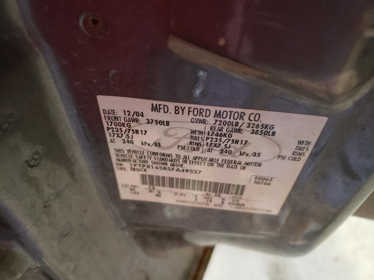 صورة رقم 10 من المزاد - 2005 FORD F150 مع VIN 1FTPX14585FA49537