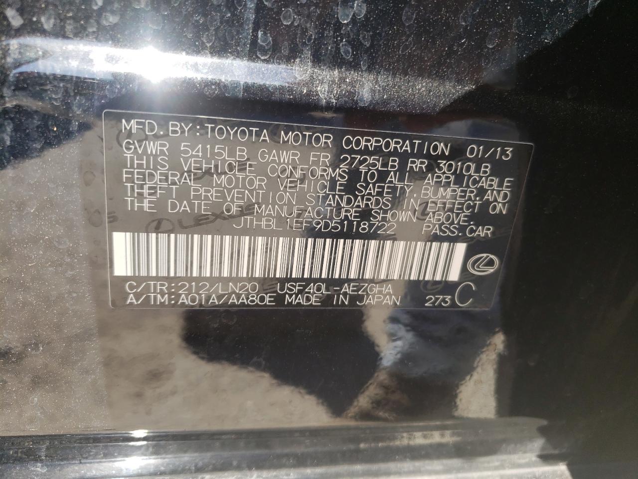 Photo 10 from auction – 2013 LEXUS LS 460 with VIN JTHBL1EF9D5118722