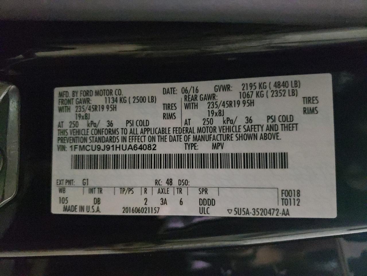 Photo 10 from auction – 2017 FORD ESCAPE TIT with VIN 1FMCU9J91HUA64082