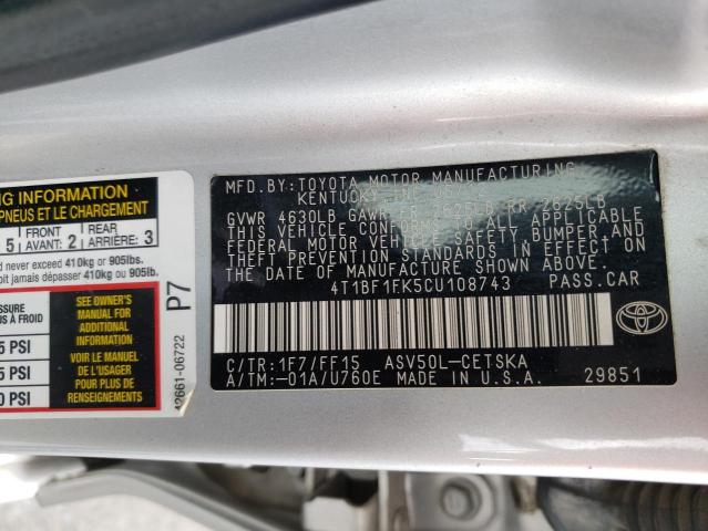 Photo 10 from auction – 2012 TOYOTA CAMRY BASE with VIN 4T1BF1FK5CU108743