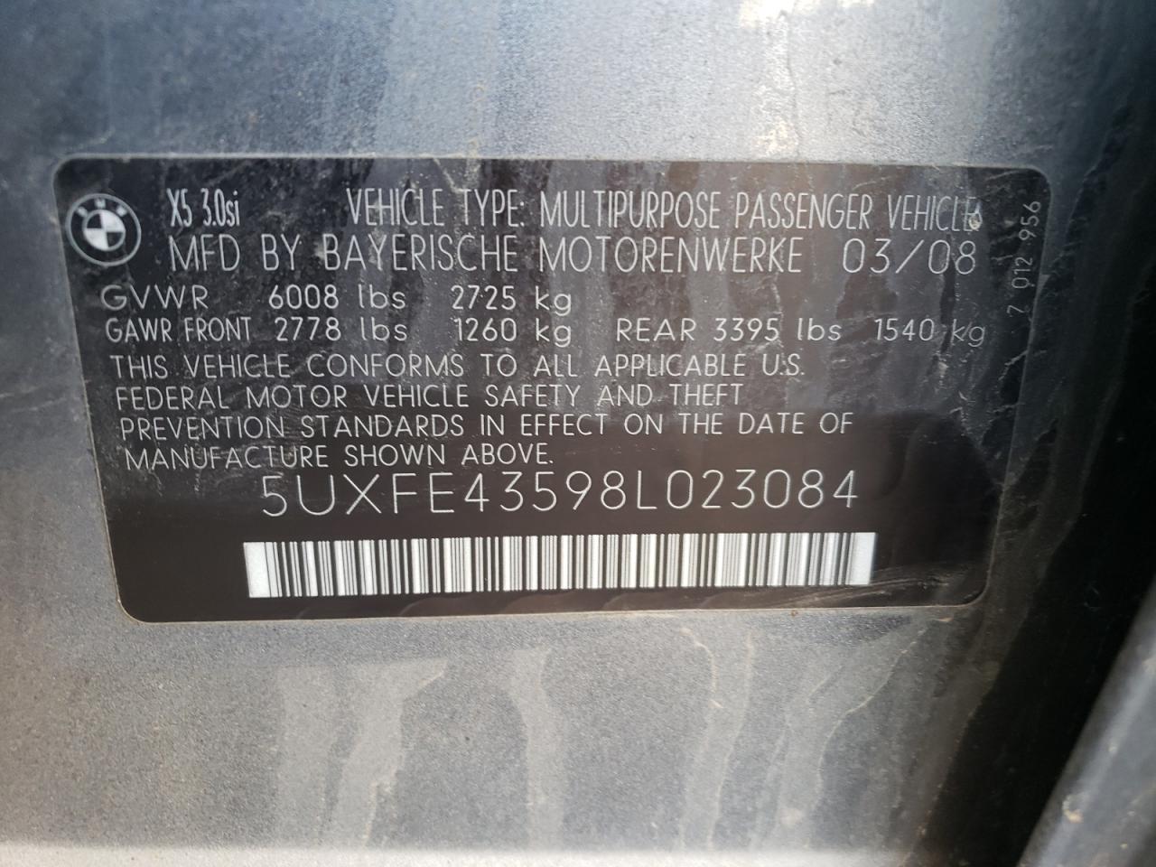 Photo 10 from auction – 2008 BMW X5 3.0I with VIN 5UXFE43598L023084