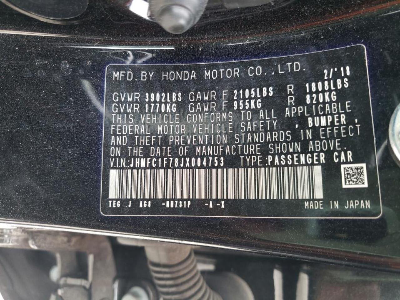 Photo 10 from auction – 2018 HONDA CIVIC EXL with VIN JHMFC1F78JX004753