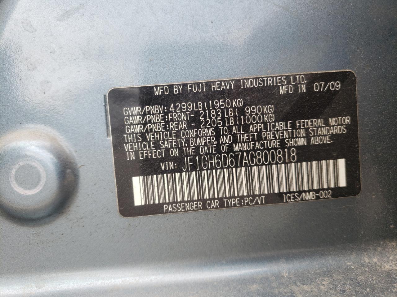 Photo 10 from auction – 2010 SUBARU IMPREZA OU with VIN JF1GH6D67AG800818