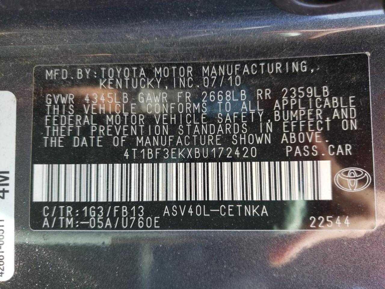 Photo 10 from auction – 2011 TOYOTA CAMRY BASE with VIN 4T1BF3EKXBU172420