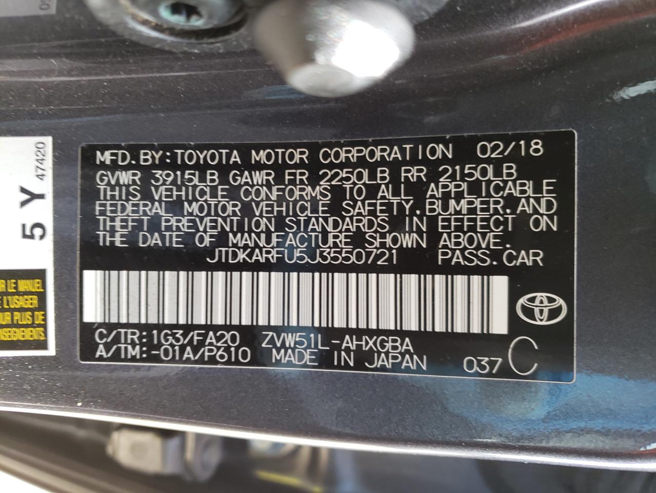 Photo 10 from auction – 2018 TOYOTA PRIUS with VIN JTDKARFU5J3550721