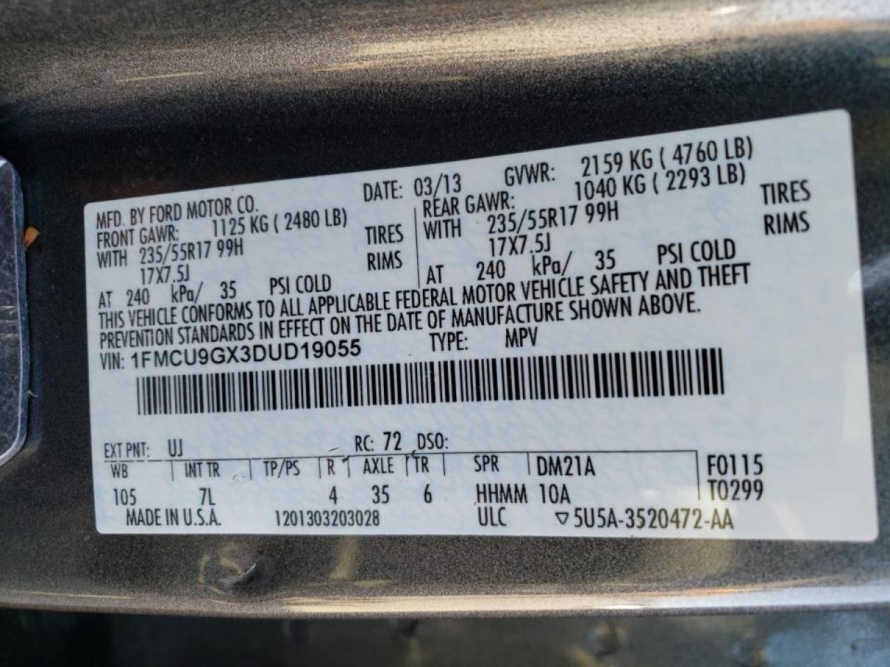 Photo 10 from auction – 2013 FORD ESCAPE SE with VIN 1FMCU9GX3DUD19055