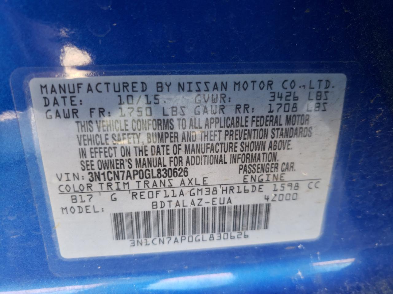 Photo 10 from auction – 2016 NISSAN VERSA S with VIN 3N1CN7AP0GL830626
