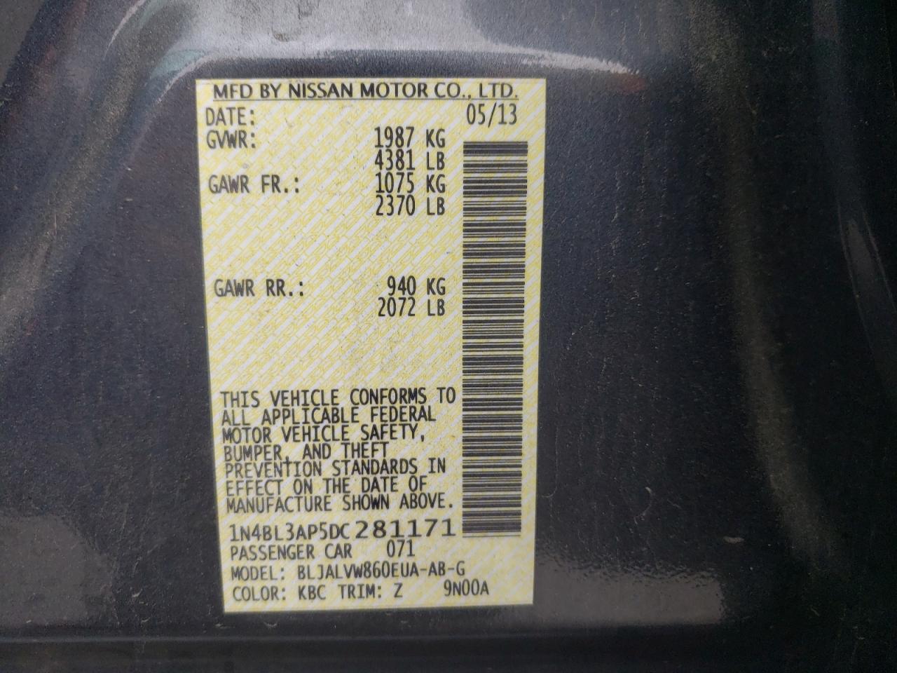 Photo 10 from auction – 2013 NISSAN ALTIMA 3.5 with VIN 1N4BL3AP5DC281171