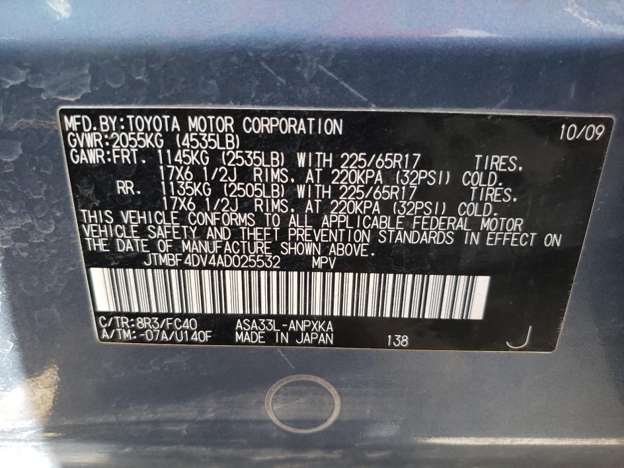 Photo 10 from auction – 2010 TOYOTA RAV4 with VIN JTMBF4DV4AD025532